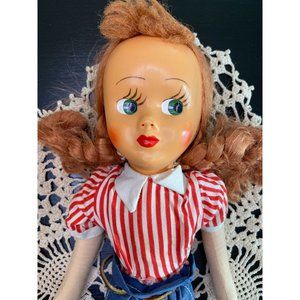 VINTAGE CLOTH DOLL - Celluloid Painted Face - 1950s - Red Hair - Green Eyes